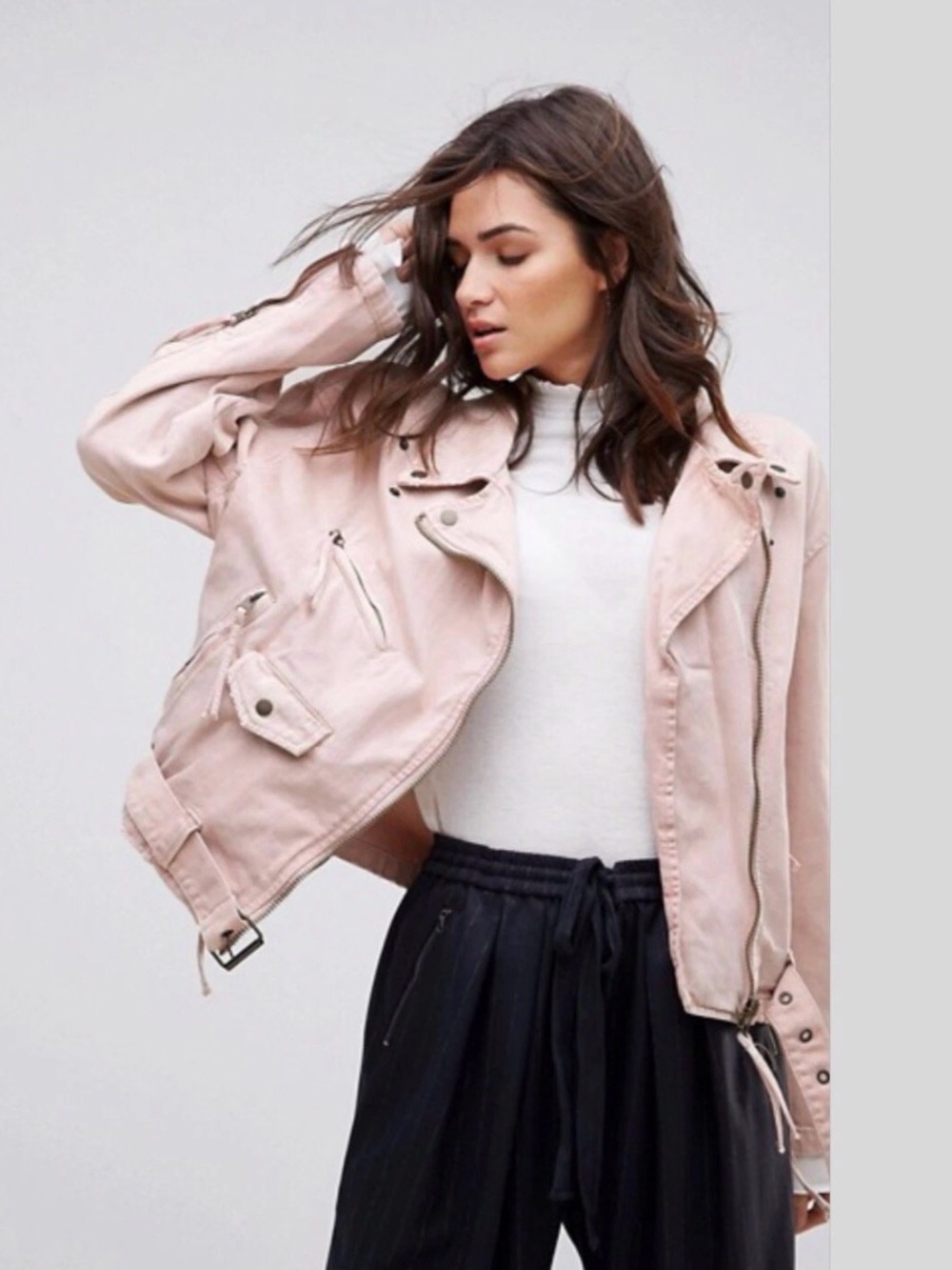 Free People Oversized Denim Moto Jean Belted Jacket Sz M